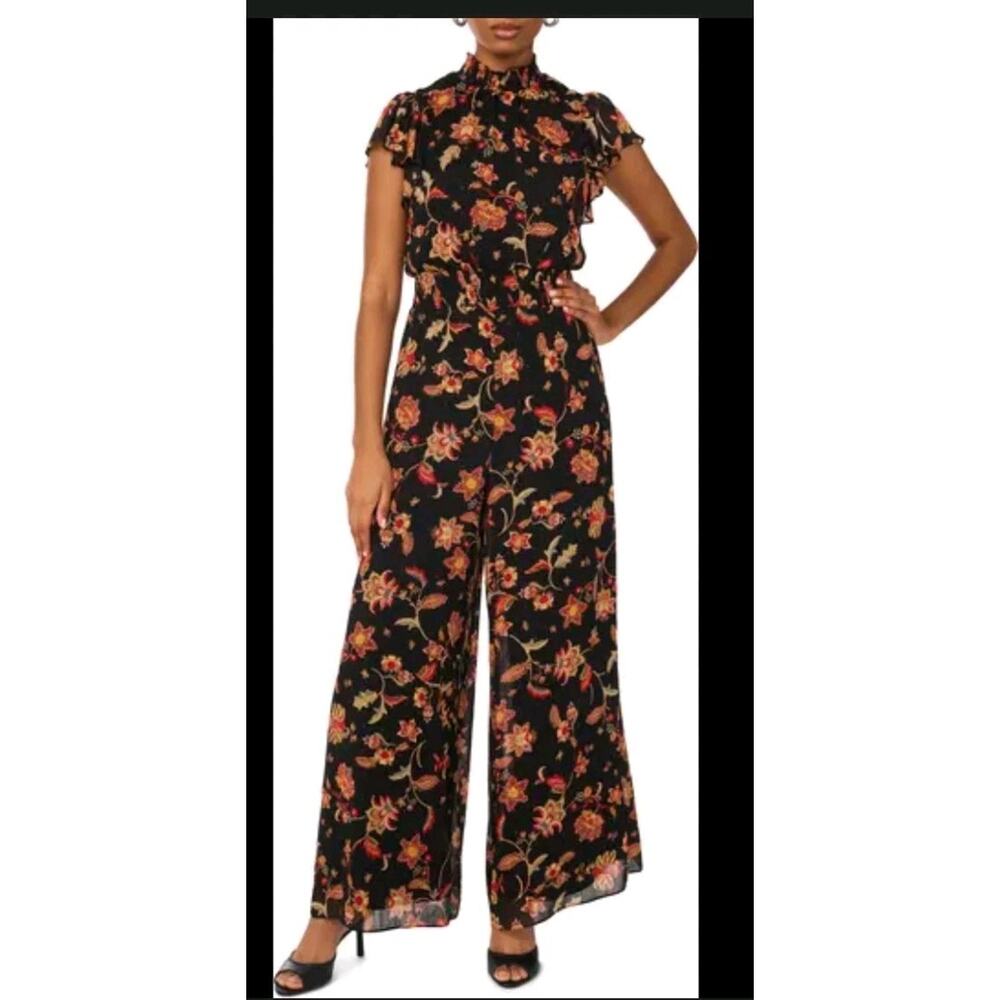 New Halogen Black FLORAL JUMPSUIT ROMPER PANT DRESS Large